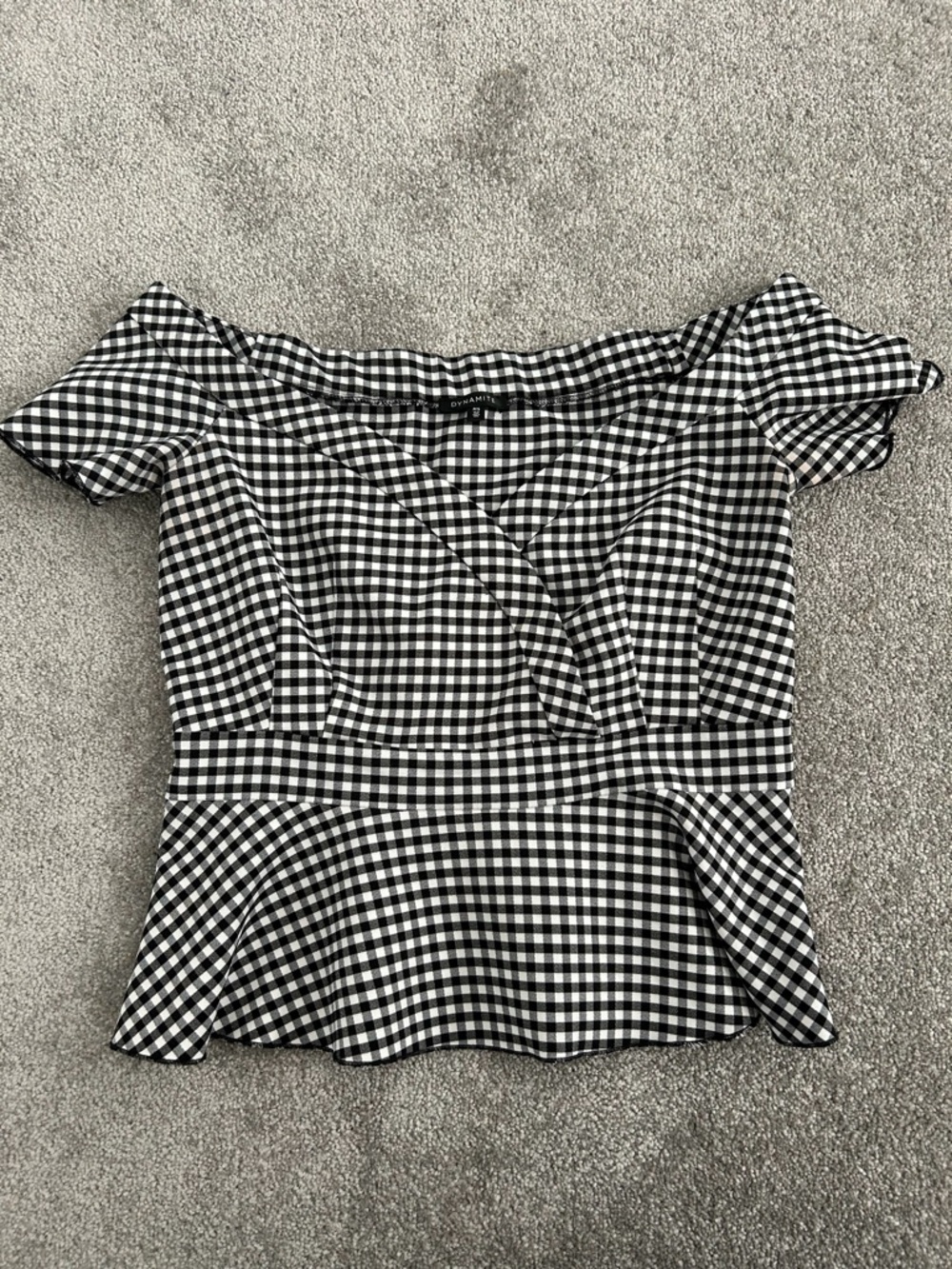 Dynamite Off-the-Shoulder Black & White Gingham Peplum Top